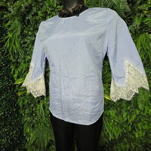 STEM & VINE Tops Women Large‎ White Blue Striped Lace Trim Sleeve  1619
